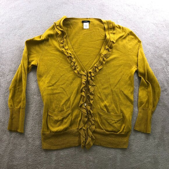 J.Crew Womens Cardigan Sweater Small Mustard Ruffled V-Neck Button Up Knit Y2K - Picture 9 of 10